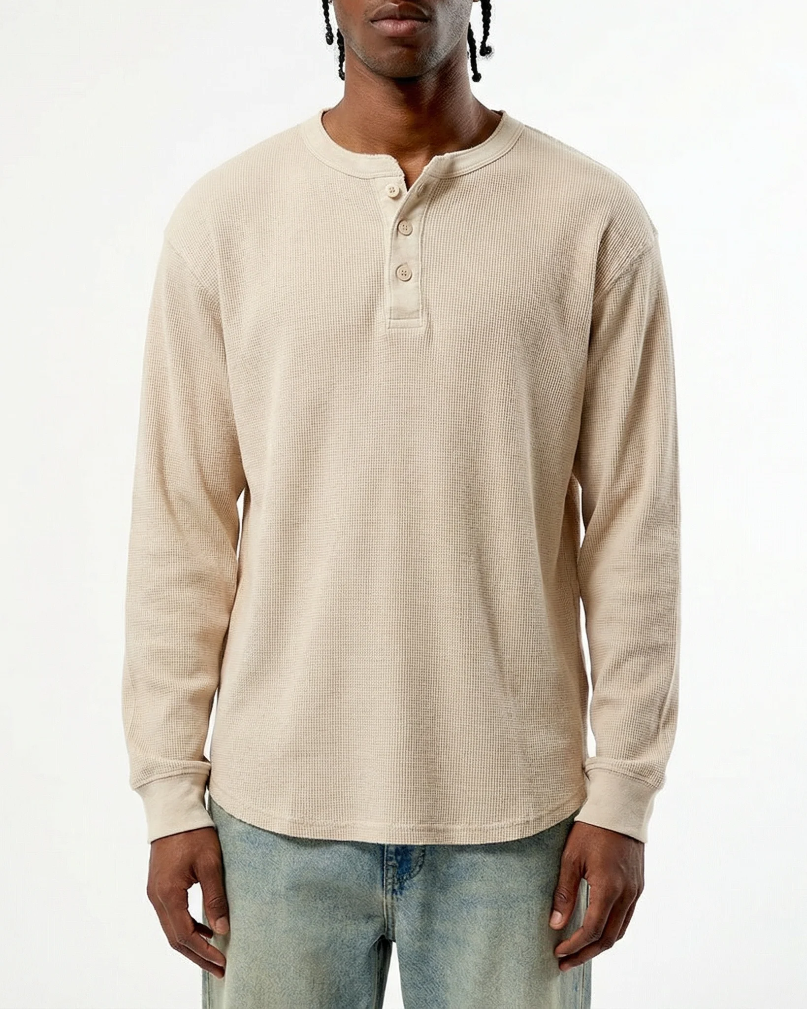 Garment Dyed Distressed Henley Long-Sleeve Tee - Image 4